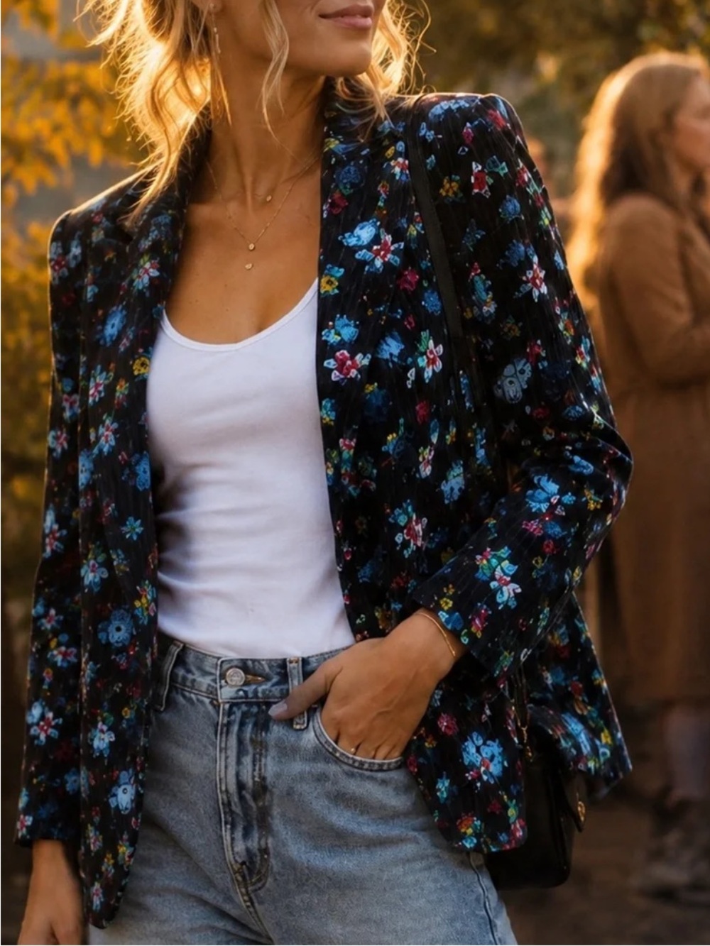 Anthropologie Ett:twa Blooming Garden Floral Velvet Black Multi Color Blazer 12